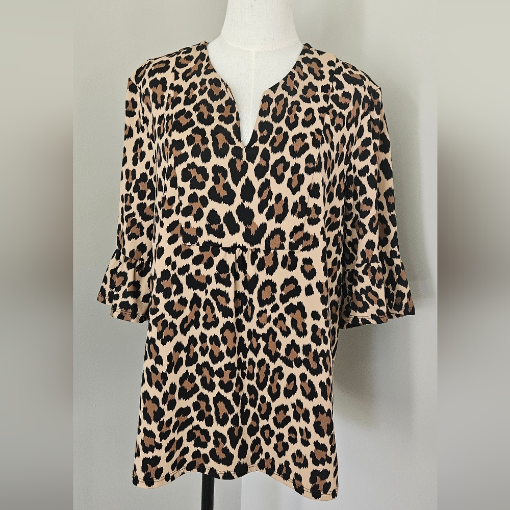 NWT Jude Connally Cannell Leopard Brown Camel 3/4 Ruffle Sleeve: Size- Large